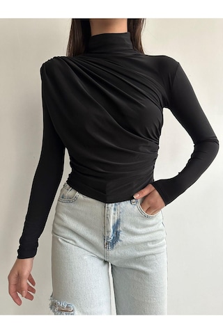 Kadın Büzgü Detaylı Dik Yaka Sandy Bluz Siyah