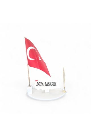 Doğal Beyaz Harita Mermer İsimlik Bayrak Ve Kalemli Gold