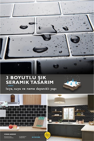 Trendpoint 3d 30 30cm Mutfak Tezgah Arkası Kaplama Kendinden Yapışkanlı Siyah Seramik Görünüm Banyo