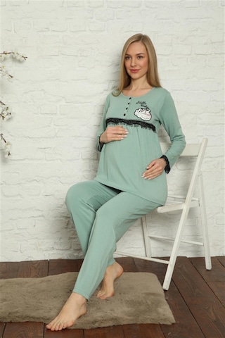 İbrahim Burak Etiler Collectıon Moda Çizgi Kadın Hamile Lohusa Su Yeşili Pijama Takımı 45201