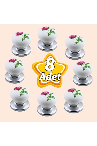 8 Adet Pembe Gül Desenli Beyaz Polimer Düğme Kulp Krom Tablalı Mobilya Mutfak Dolabı Çekmece Kulbu Kulpları