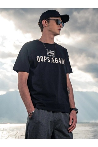 Erkek Siyah Oversize Palating Baskılı T-shirt Siyah-68156