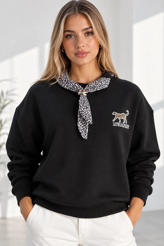 Mevese Bisiklet Yaka Nakışlı Kadın Sweatshirt - Üç İplik Şardonlu Oversize Şık Tasarım - Siyah
