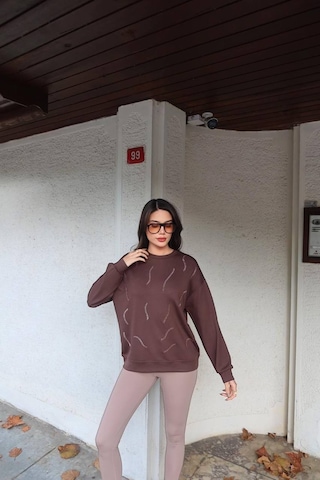 Cemo Günlük Uzun Kollu Bisiklet Yaka Basic Bluz/sweatshirt Kahve