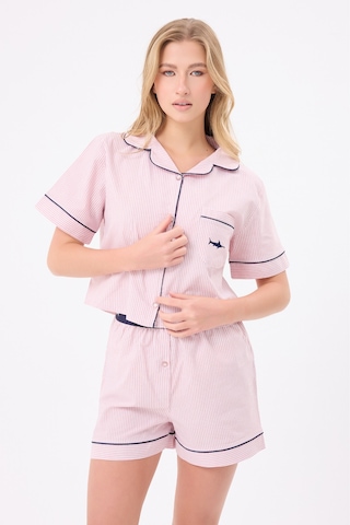 Lespadon Marısılk Seastrıpe Kadın Yazlık Şortlu Crop Gömlekli Pijama & Lounge Takımı-3176 Pudra