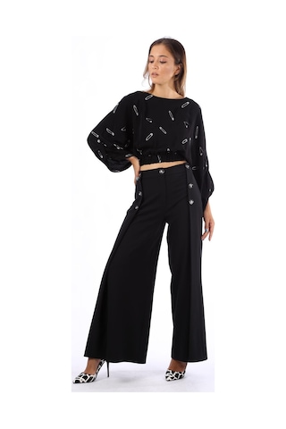 Modatalika Bayan Günlük Çengeli İğne Desenli Siyah Bluz Siyah