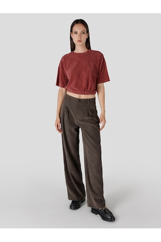 Colin's Colins Bisiklet Yaka Belden Lastikli Crop Kırmızı Kadın Kısa Kol Tişört Cl1065174 Cherry Kırmızı