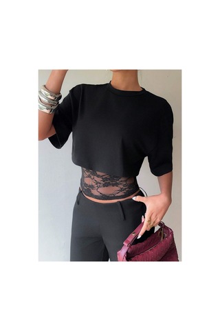 Meren Like Your Style Siyah Crop Tişört Kadın Dantel Detaylı Yuvarlak Yaka Şık Üst Bluz Siyah
