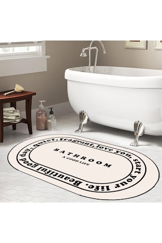 Bathroom Yazılı, Yazılı Banyo Paspası, Dekoratif Paspas, 60x100 Krem