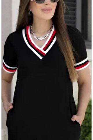 Ackonline Kadın Kısa Kollu V Yaka Ve Yaka Ribana Detay Midiboy Viskon Elbise Siyah