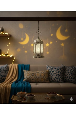 16 Cm Ramazan Ledli Gümüş Tabanlı Parlak Model Fener - Dekoratif Ramazan Feneri Diğer