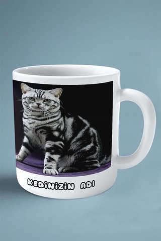 American Shorthair Kedi İsimli Kişiye Özel Baskılı Kupa Bardak Mor Tablo Çok Renkli