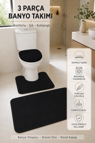 3 Lü Banyo Paspası Halısı Seti Kaymaz Tabanlı Yıkanabilir Klozet Takımı Siyah