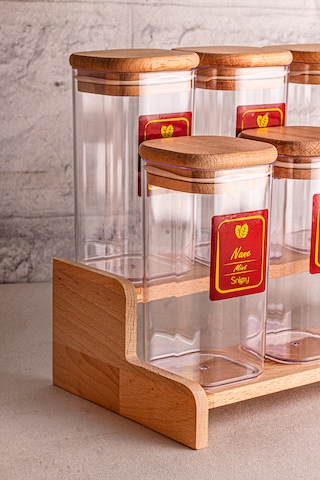 Snippy Lunver - 8'li Ahşap Standlı Vakumlu Etiketli Akrilik Saklama Kabı Baharatlık Seti 350 Ml Ahşap