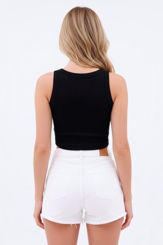 Zedefx Kadın Halter Yaka Pencere Detaylı Crop Bluz Siyah