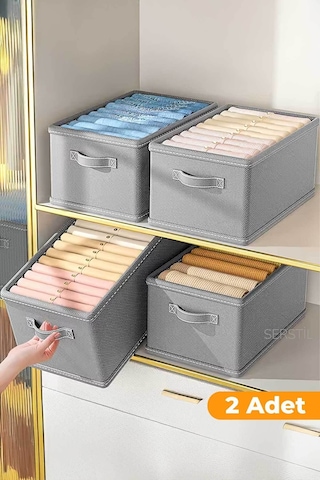 Serstil 2 Adet - Dolap Içi Düzenleyici, Raf Düzenleyici, Katlanabilir Kıyafet Saklama Kutusu 45x25x20 Cm Gri