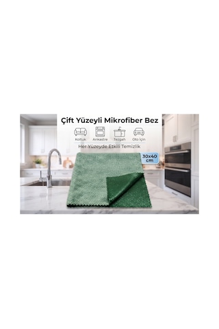 Microduo Pro 30x40 Çift Taraflı Mikrofiber Temizlik Bezi - Bir Yüzü Örme Dokulu Bir Yüzü Simli Ankastre, Oto, Koltuk Ve Tüm Yüzeyler İçin Yeşil