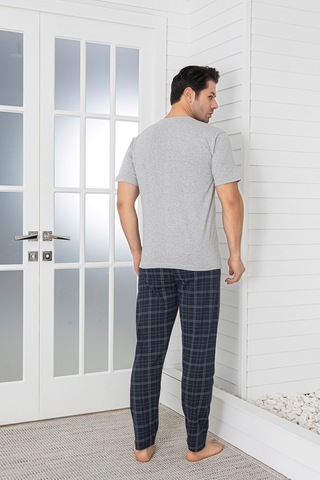 Sude Homewear Erkek Ekoseli Cepli Kısa Kollu Pijama Takımı Gri