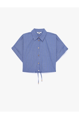 Koton Pamuklu Düğmeli Beli Bağlama Detaylı Kısa Kollu Oversize Kareli Crop Gömlek Mavi Ekose 6sak60289pw