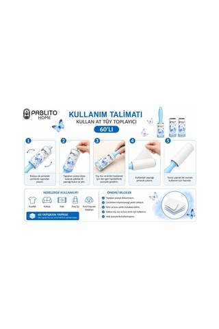 Kullan At Tüy Toplayıcı Rulo Seti, 1 Ana Rulo + 2 Yedek Rulo, Giysi Koltuk Ve Kumaş Temizleyici Mavi