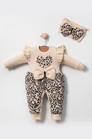Leopar Desenli Fiyonklu % 100 Pamuk Kız Bebek Tulummm Krem