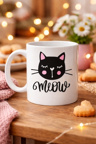 Buradabulabilirsin Sevimli Kedi Desenli Porselen Kupa Model 63 Meow Yazılı Kahve & Çay Keyfi İçin Tatlı Tasarım Bbz Diğer