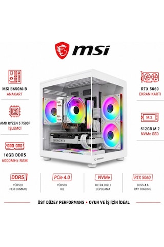 Apphirex CODE X96 R5-7500F 16 GB 512 GB M.2 SSD 8 GB RTX5060 W11P Masaüstü Oyuncu Bilgisayarı Beyaz