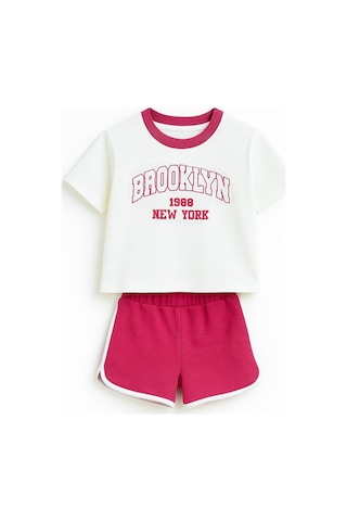 Luess Kız Çocuk %100 Pamuklu Brooklyn Baskılı Şortlu Takım - Pembe 3-4 Yaş 8-9 Yaş Pembe