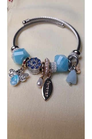 Uzel Çelik Gümüş Silver Model Forever Yazılı, Arı Charmlı Çelik Bileklik Mavi