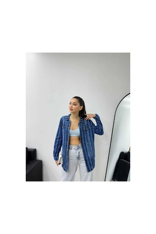 Kene Jeans Çizgili Boyfriend Tam Kalıp Ceket Mavi