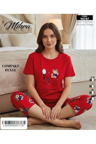 Mihra Kadın %100 Pamuk Bisiklet Yaka Kısa Kol Kapri Pijama Takımı 90787k - 1 Adet Kırmızı