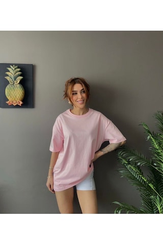 Kadın Oversize Basic Tişört Salaş Kesim Pamuklu Günlük T-shirt Pembe