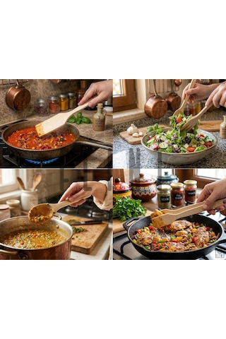 Gürgen Set Ahşap Tahta Kaşık Çatal Spatula Maşa 4'lü Set Yemek Servis Seti Mutfak Seti