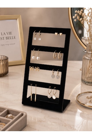4 Katlı Küpe Ve Kolye Standı Beyaz Kadife Takı Standı Siyah