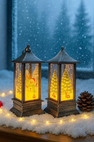 Led Işıklı Noel Feneri 2 Li Set Kardan Adam & Çam Ağacı Temalı Dekoratif Yılbaşı Lambası 14 Cm 20