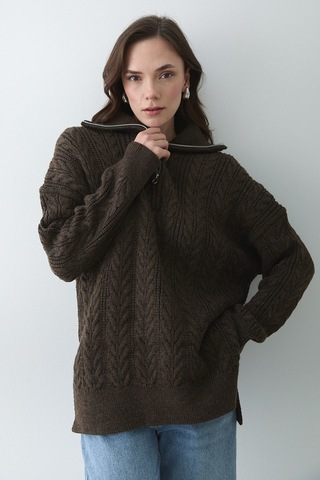 Kahverengi Saç Örgülü Fermuarlı Kazak - 251066 Kahverengi