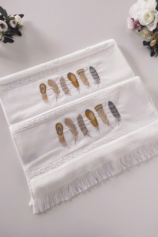 2'li Nakışlı Kadife El Havlusu -jakarlı Tüy İşlemeli Yüz Havlusu - %100 Pamuk Beyaz Beyaz