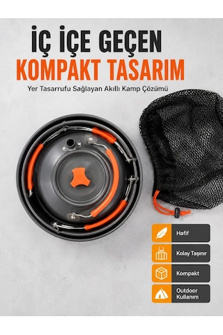 Kompakt Kamp Yemek Seti Alüminyum Tencere Tava Çaydanlık Taşıma Fileli Outdoor Set Açık Lacivert