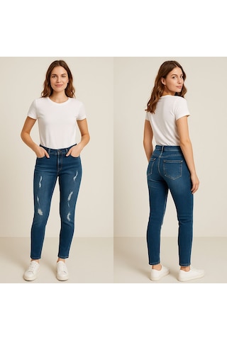 Lazerli Yırtık Denim Tayt Pantolon Açık Lacivert