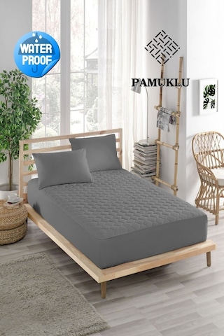 Yatak Koruyucu Alez Sıvı Geçirmez Pamuklu Kapitoneli Fitted Gri Tek Kişilik