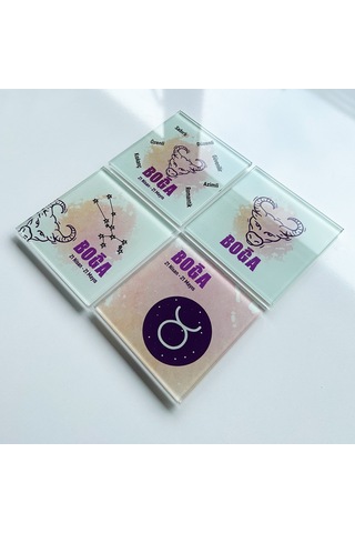 Decorita Cam Bardak Altlığı Burçlar - Boğa Burcu 4'lü Takım 10 CM x 1 Çok Renkli