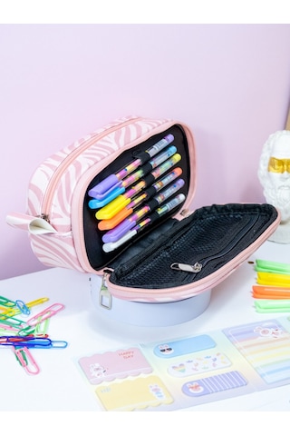 Kalem Kutusu Oval Tasarım İki Bölmeli Zebra Pembe Temalı Vegan Deri Kalemlik Onesize