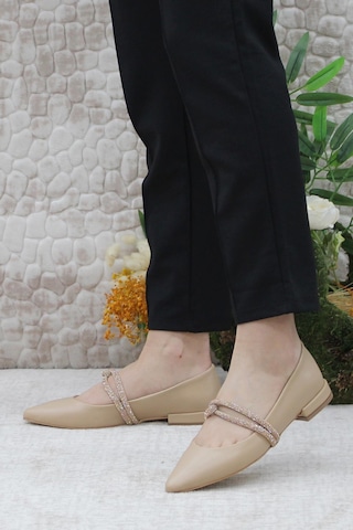 Mehmet Mete 61-02 Fashion Taşlı Kadın Babet Nut