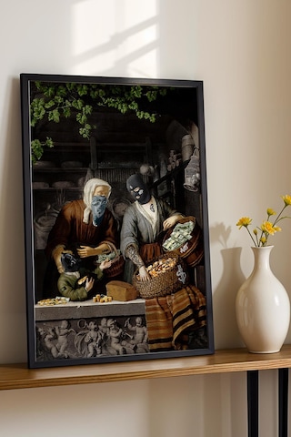Modern Art Para Temalı Maskeli Figürler Çerçeveli Tablo Ofis Ve Ev Hediyesi Şık Dekor Modifiye Sanat