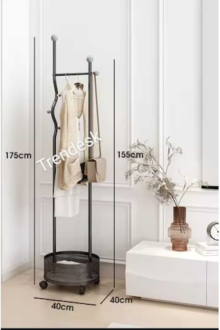 Ayaklı Siyah Konfeksiyon Askısı Metal Elbise Askılığı Sepetli Askılık Tekerlekli 175 Cm 6005 Siyah