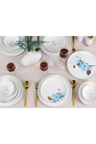 Sembol Blue Rose Mavi Gül Desen Bone Chine Porselen 24 Parça Yemek Takımı Vogue008