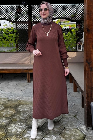 Yağmur Triko Elbise Kahve Normal