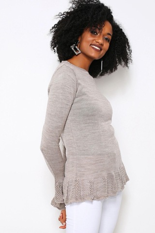 Vizon Yuvarlak Yaka, Fırfır Kol Ve Etek Ucu Detaylı, Triko Bluz Vizon