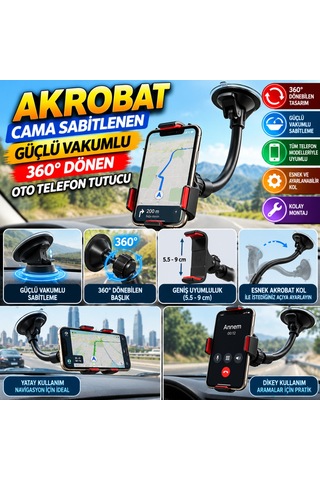 Kahveci.store Akrobat Cama Sabitlenen Güçlü Vakumlu 360 Derece Dönen Tüm Modellere Uyan Oto Telefon Tutucu 22 Standart