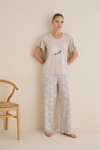 Seamlife Kadın Düğmesiz Geniş Yaka Viskon Kısa Kol Palazzo Pijama Takımı-oversize Üst Geniş Paça Alt Homewear Bej